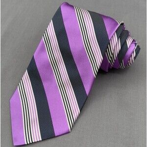 Altea Milano Tie 60" X 3.5" 100% Silk Repp Necktie ITALY Striped Purple/Charcoal